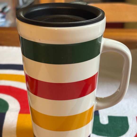 HBC STRIPES 6” Ceramic Travel Mug with lid. UNUSED. ONLY wash by hand. - Picture 1 of 4